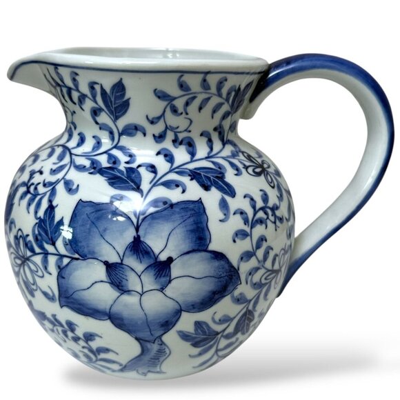 Andrea by Sadek Blue White Pitcher Floral Porcelain Ceramic 6.25" high Chinoiser - Picture 1 of 8